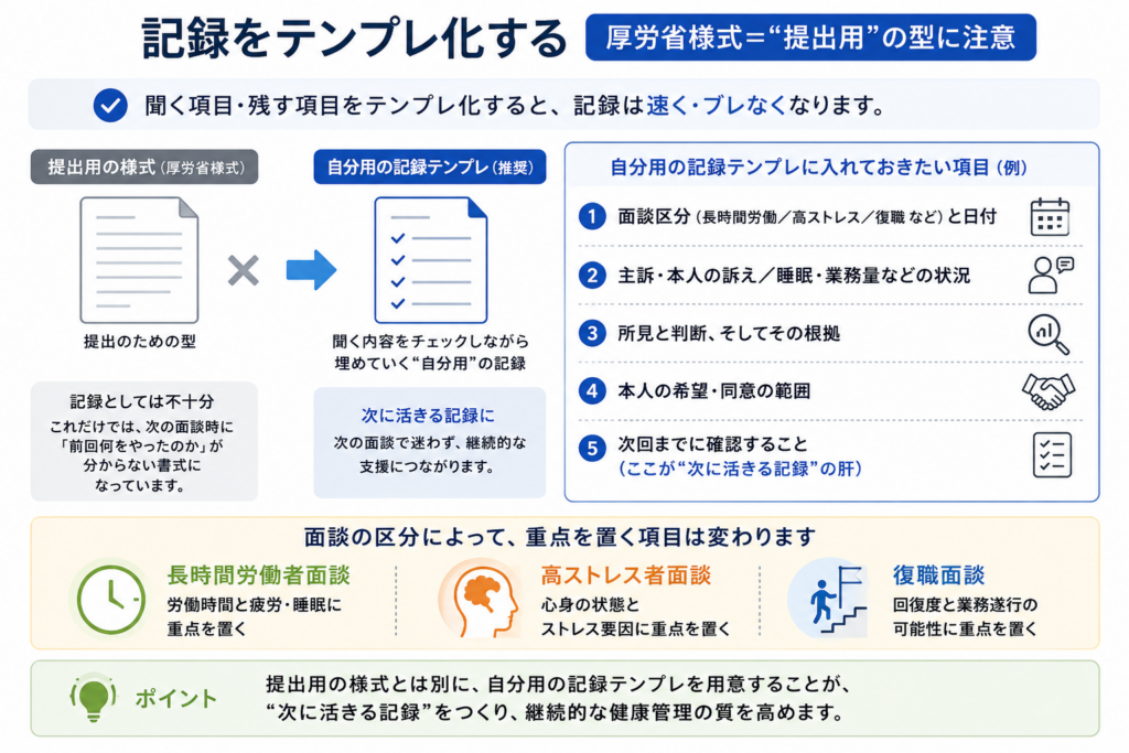 記録をテンプレート化する際の注意点を示した図。厚労省様式は提出用の型であり、それだけでは次回面談時に前回の対応内容が分かりにくいことを説明している。提出用様式とは別に、自分用の記録テンプレートを用意し、面談区分と日付、本人の訴え、状況、所見と判断、同意範囲、次回までに確認することを残すことで、次に活きる記録になる。長時間労働者面談、高ストレス者面談、復職面談では重点項目が異なることも示している。
