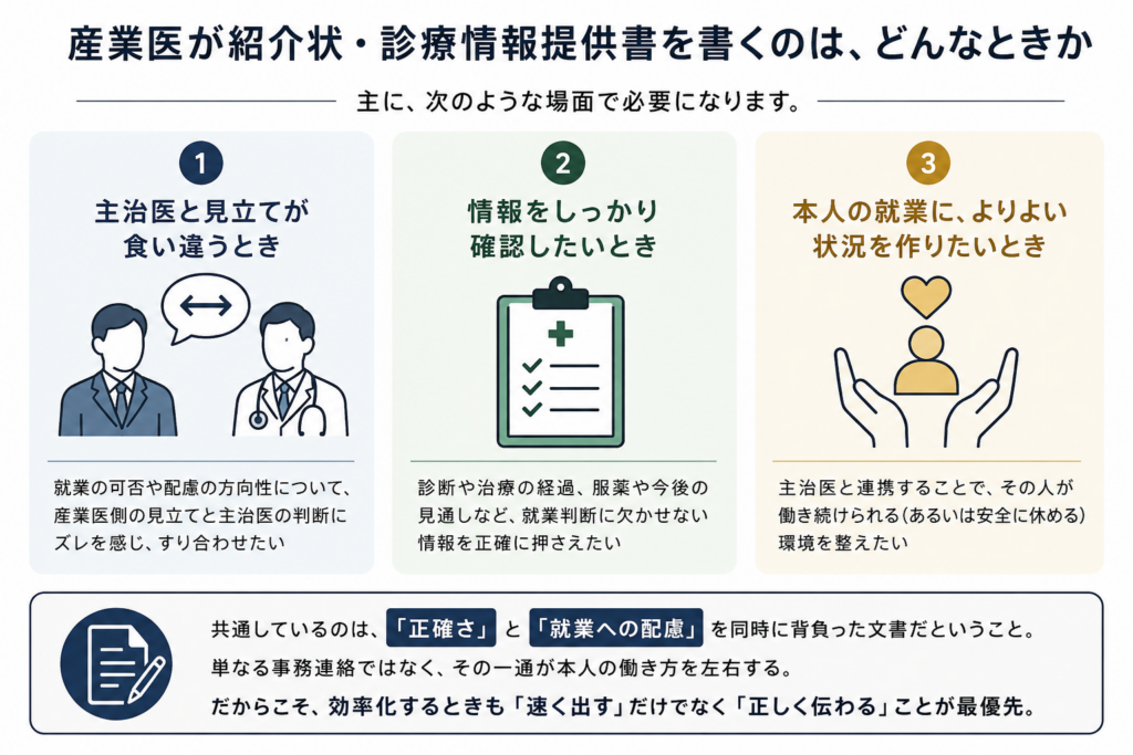 産業医が紹介状・診療情報提供書を書く主な場面を3つに整理した図。1つ目は、就業可否や配慮の方向性について主治医と見立てが食い違うとき。2つ目は、診断や治療経過、服薬、今後の見通しなどを正確に確認したいとき。3つ目は、主治医と連携して本人が働き続ける、または安全に休める環境を整えたいとき。共通点として、「正確さ」と「就業への配慮」を両立し、本人の働き方に影響する文書であることを示している。