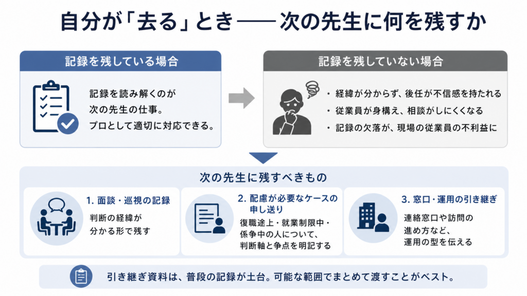 自分が産業医の担当を去るとき、次の先生に何を残すべきかを示した図。記録があれば後任は経緯を読み解き、適切に対応できる。一方、記録がないと不信感や相談しにくさにつながり、従業員にも不利益が及ぶ。残すべきものとして、面談・巡視の記録、配慮が必要なケースの申し送り、窓口や運用の引き継ぎが整理されている。