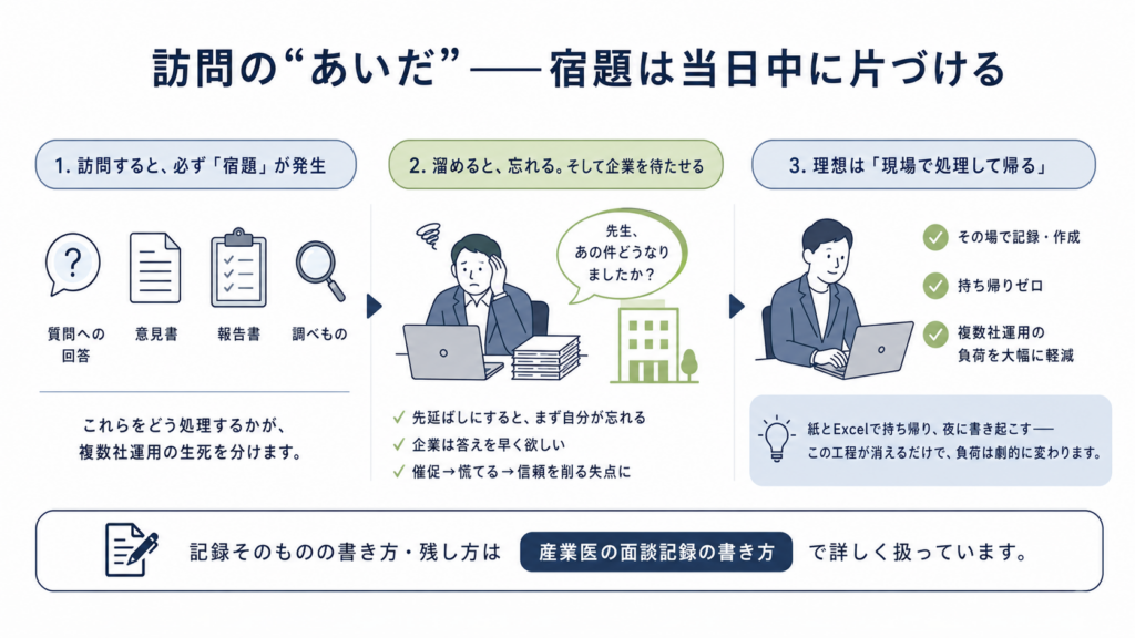 訪問後に発生する質問への回答、意見書、報告書、調べものなどの宿題は、先延ばしせず当日中、できれば訪問先で処理することが重要だと示す図解。宿題を溜めると忘却や催促につながり、信頼を損なうため、現場で記録・作成を終えて持ち帰りをゼロにするのが理想と伝えている。
